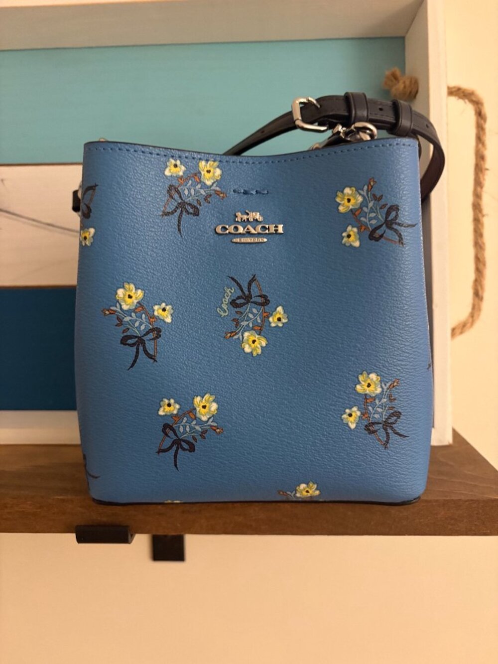 Coach Mini Town Bucket Bag With Floral Bow Print C7974 Blue Crossbody Bag